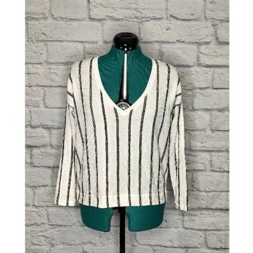 ANTHROPOLOGIE Womens Blouse White Stripe Long Sleeve V Neck Stretch Petites S